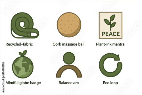 The symbols that represent the fusion of yoga and environmentalism are sling, ball, mantra, badge, arc, and loop