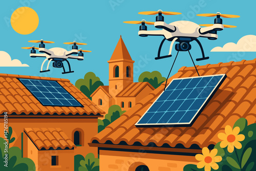 Flat retrofit‑tech scene with drones, solar skins, and terracotta roofs