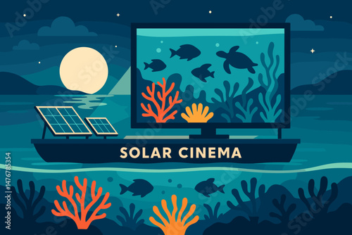 Flat culture‑green scene with PV raft screen, reef glow, and moon