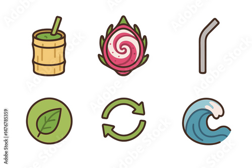 Smoothie‑eco icons linking cup, swirl, straw, badge, loop, wave