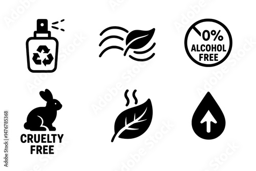 Perfume‑eco icons showing spritz, wave, badge, bunny, leaf, droplet