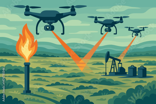 Flat climate‑tech scene with drone beams, flare stacks, and tundra