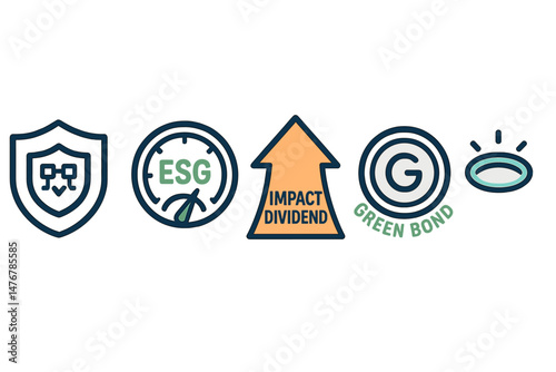 Finance‑impact icons showing shield, dial, arrow, coin, halo