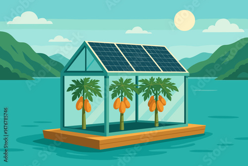 Flat ag‑tech scene with PV pontoons, papaya trees, and crater walls