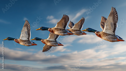 Ducks in flight blue sky white clouds, World Migratory Bird Day