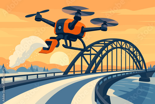 Flat winter‑smart scene with drone plow, frozen bridge, and pink sky