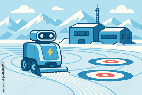 The winter scene features flat terrain, incorporating an e-groomer, illuminated rink lights, and quaint snow huts