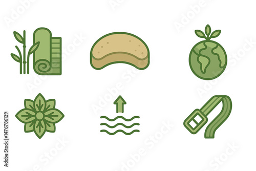 Yoga and ecological icons feature a mat, block, mandala, badge, ripple, and loop