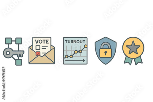Icons of e-governance include a key, envelope, graph, padlock, and badge