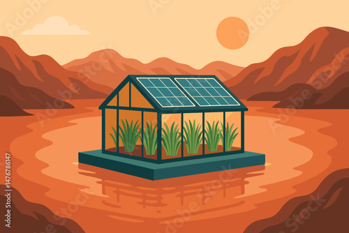 The scene features a flat agricultural technology landscape with photovoltaic rafts, lemongrass beds, and red cliffs