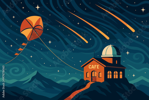 The scene is set with a flat astro-tech backdrop featuring a kite cable, a glass café, and a meteor shower
