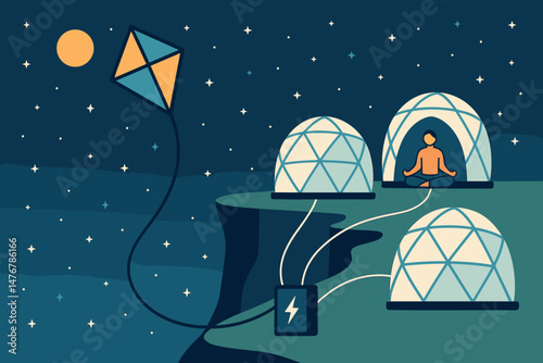The flat scene includes a retreat with advanced technology, a kite line, domes, and the Milky Way in the background