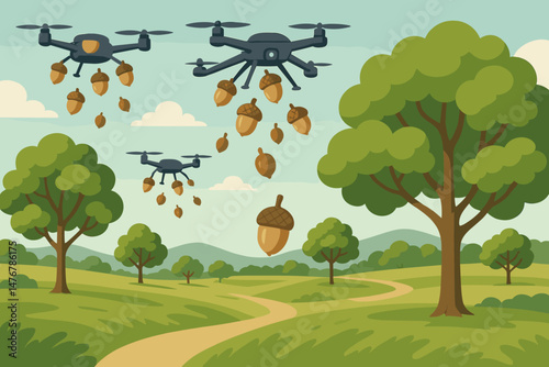 The scene depicts a flat area being restored using technology, featuring a drone dispersing seeds, alongside oak saplings and dry grass