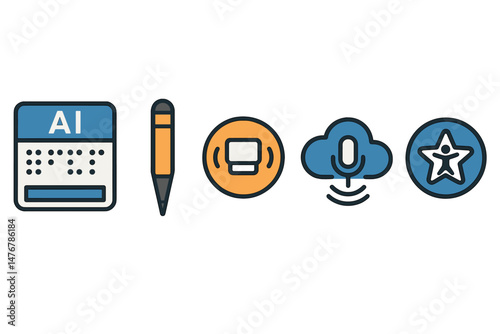 Inclusivity tech icons include a braille tablet, pen, haptic badge, cloud, and star
