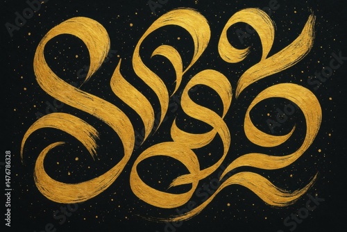 Abstract white Arabic calligraphy on black background with starry texture