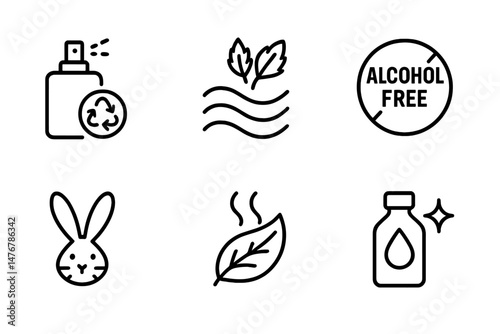 The icons of perfume-eco are combining spritz, wave, badge, bunny, leaf, and spark