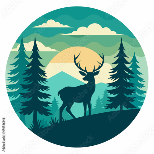 A wild horse silhouette in a winter forest landscape, like a Christmas card illustration with a reindeer and snowy trees
