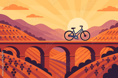 The scene is set with a flat green landscape that features a hydrogen bike lane, sloping vineyards, and a rose-colored sunrise