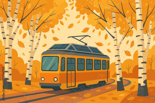 The scene depicts a flat green city with a PV tram, birch trunks, and leaves falling