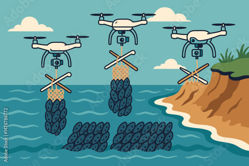 The marine-tech scene is depicted as flat, featuring a drone filament, mussel lines, and wave spray