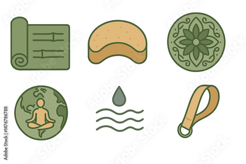 Icons representing yoga and eco themes include a mat, block, mandala, badge, ripple, and loop