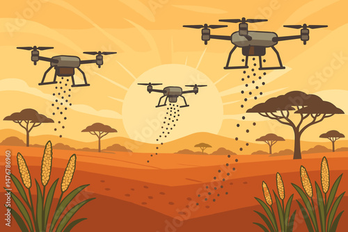The scene is a flat agricultural landscape featuring a drone dispersing seed mist, savanna grass, and a golden sun photo