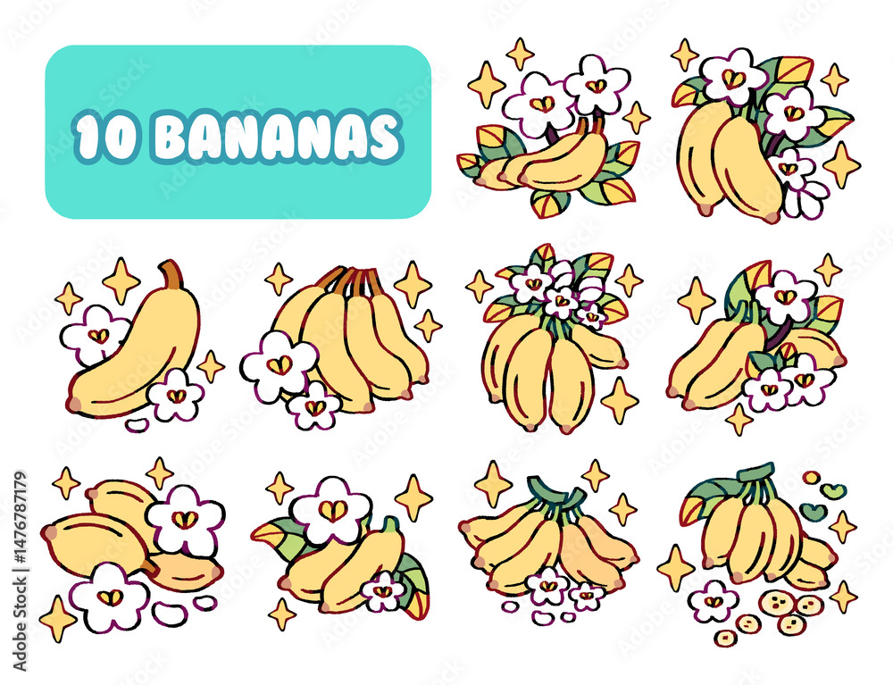 Obraz premium Set of Bananas illustration, harvest Bananas with leaves isolated on white background, fresh fruit