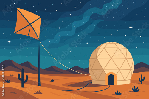 The scene is a flat nighttime setting that includes a kite cord, a dome telescope, and a star field