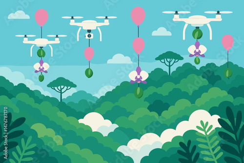 The scene is a flat landscape of rewild-tech, featuring drones, orchid pods, and mist trees