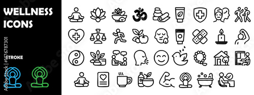 Wellness Icons Set – Health, Mindfulness, and Self-Care Outline Vector Icons