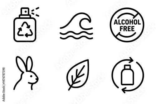 Icons representing eco‑fragrance are depicted as spritz, wave, badge, bunny, leaf, and path
