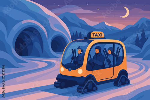 A winter landscape featuring advanced technology, electronic snow, taxis, radiant cave entrances, and a deep purple sky