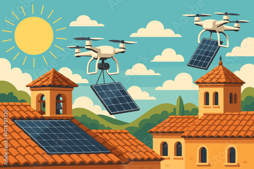 The scene features a flat retrofit technology landscape that includes drones, solar skins, and terracotta roofs