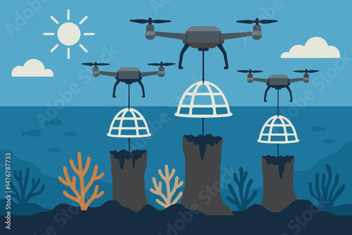 The marine-tech scene is depicted as flat and features drones, coral frames, and an aqua sea