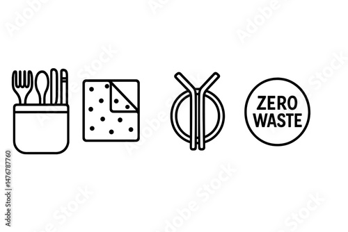 Eco-friendly symbols depicting utensils, page, drinking straw, emblem, and directional arrow are available