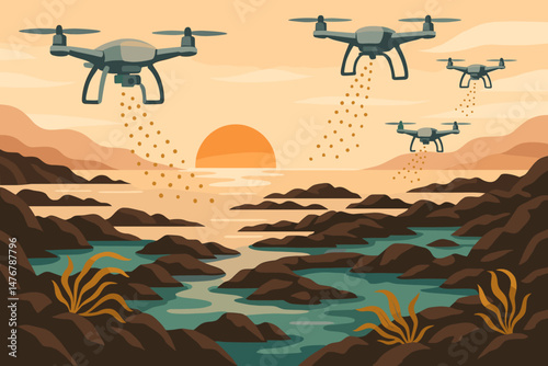 The marine-tech landscape is flat, featuring drones, a mist of kelp seeds, and a tide at sunrise