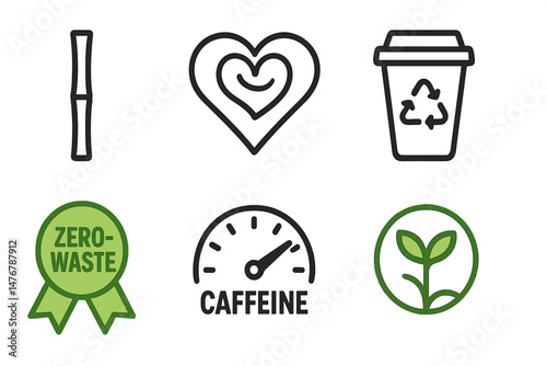 Icons for Café‑eco include a stirrer, heart, cup, ribbon, gauge, and emblem