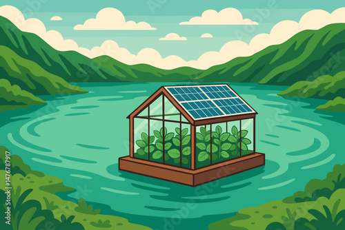 The flat agricultural technology scene features photovoltaic rafts, mint beds, and green water