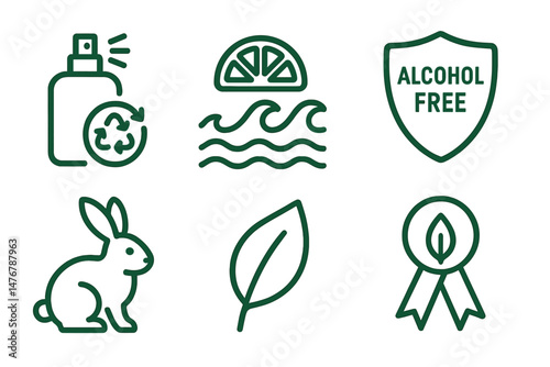 Icons of fragrance and ecology are depicted as a spritz, wave, crest, bunny, leaf, and ribbon