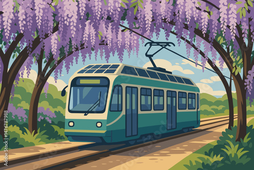 The scene is a flat green transit area featuring a PV tram, purple wisteria, and a bright sky