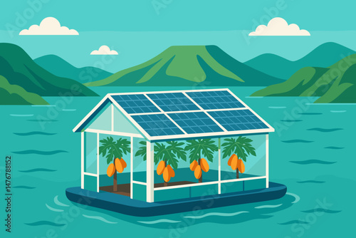 The scene features a flat agricultural technology setting with pontoons covered in photovoltaic panels, papaya trees, and walls formed by craters