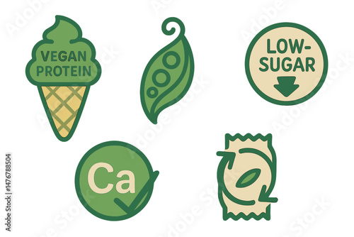 Icons for dessert and ecology that include a cone, swirl, badge, tick, and loop are available