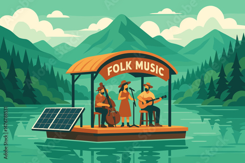 The scene features a flat cultural setting with a green backdrop of a lake, a stage made from a raft with photovoltaic panels, and musicians performing