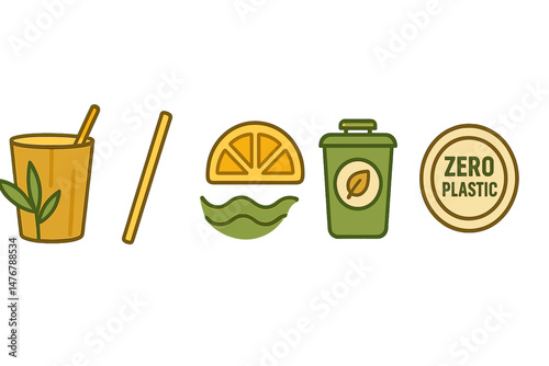 Icons for eco events include a cup, straw, wave, bin, and badge