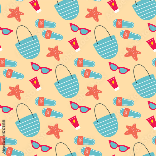Beach holiday attributes on sand seamless pattern. Summer background with beach bag, sunglasses, spf cream and slippers. Bright colorful print, vector graphic