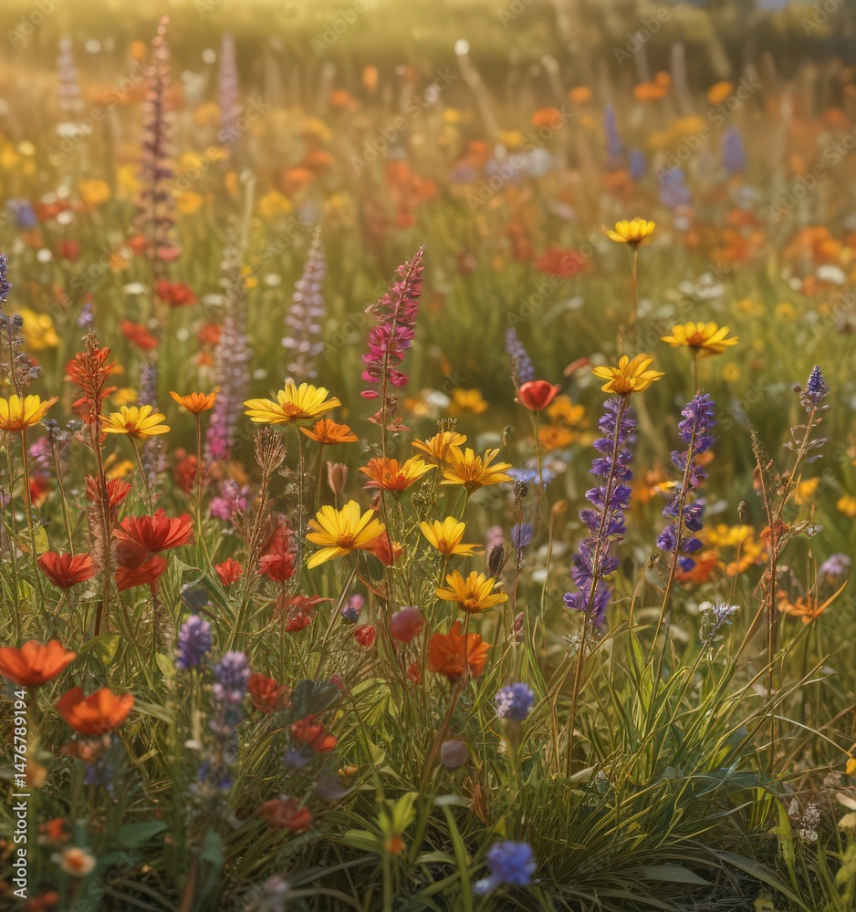 Obraz premium Close-up vibrant autumn wildflowers, sunlit meadow , sunlit, daisy