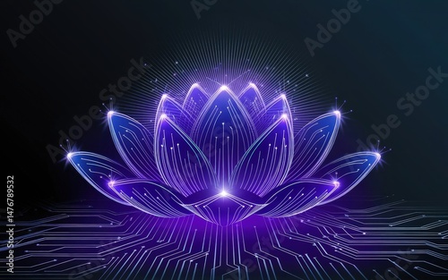 Radiant Lotus: A digital interpretation of a luminous lotus flower, its petals radiating with a vibrant glow, set against a dark backdrop, symbolizing enlightenment.