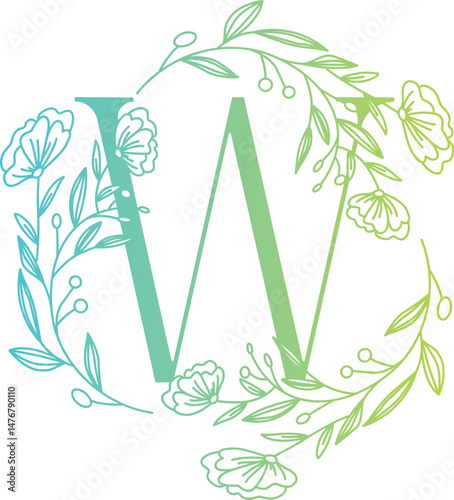 Floral Monogram Letter W in Green Blue Gradient