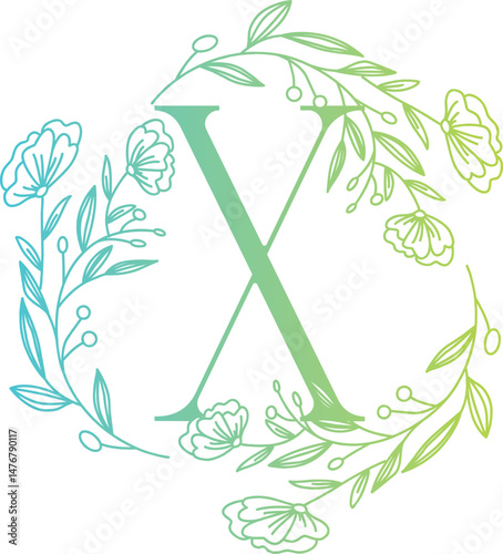 Floral Monogram Letter X in Green Blue Gradient