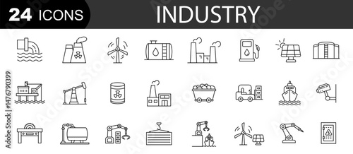 Set of industry icons. Production, machine, manufacture, warehouse, fabrication. Editable stroke. Vector illustration
